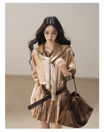 170726 "Through the Golden Wheat Fields" Chestnut Brown Utility Shirt Mini Dress with Belt & Shorts