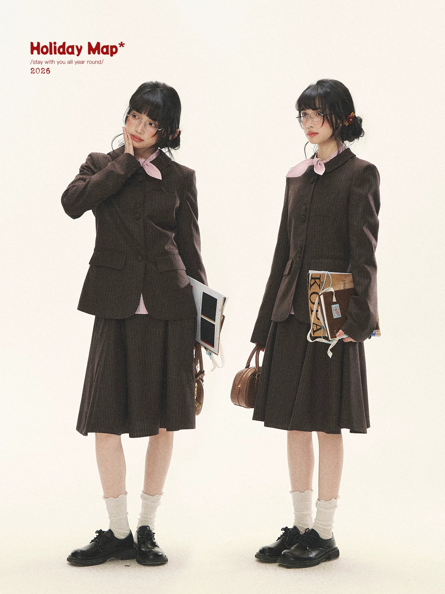 "Academy Memoir" Chocolate Brown Stripe Blazer & Pleated Skirt Set