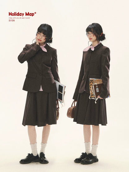 "Academy Memoir" Chocolate Brown Stripe Blazer & Pleated Skirt Set