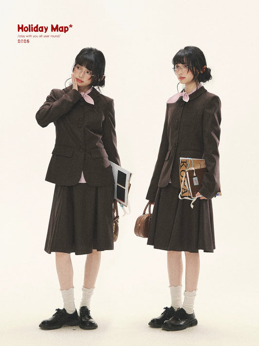 "Academy Memoir" Chocolate Brown Stripe Blazer & Pleated Skirt Set