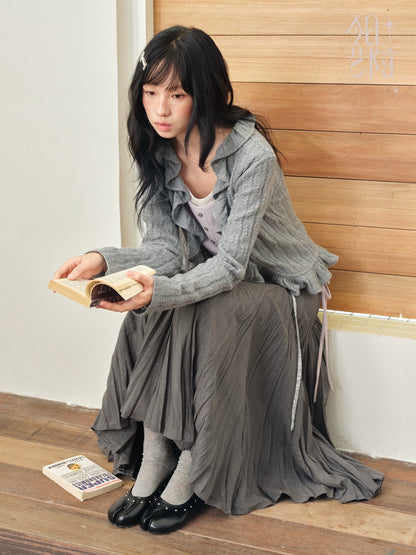 DAILY ARTIST - Dark Gray Textured Pleated A-Line Maxi Skirt