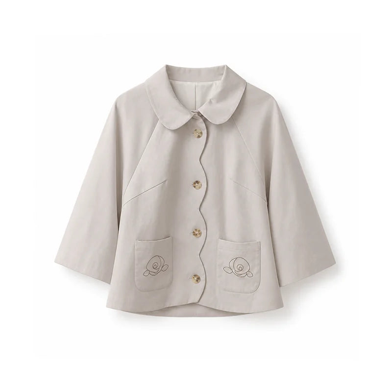 DAILY ARTIST - Taupe Brown Rose Embroidered Cape-Sleeve Jacket