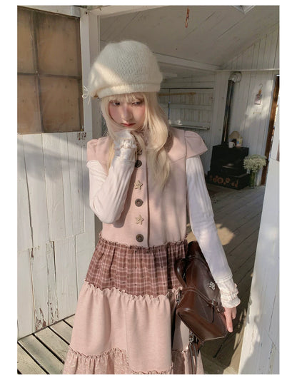 RF - Dusty Pink Patchwork Sleeveless A-Line Dress with Star Buttons