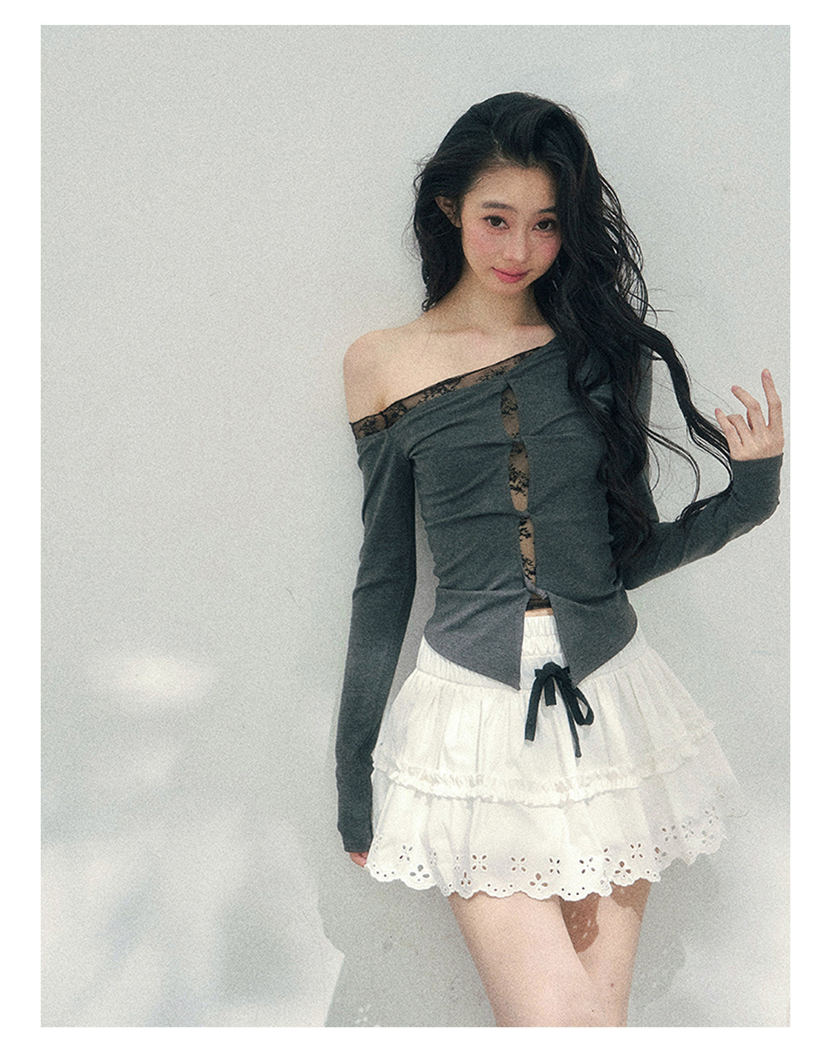 少也眼 “She Becomes Poetry in Motion” Layered One-Shoulder Lace Top - Deep Rock Gray 78967896