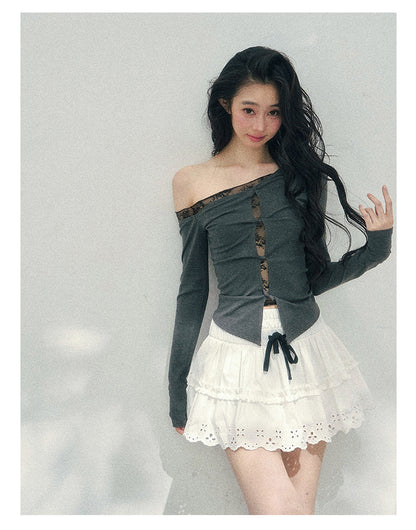 少也眼 “She Becomes Poetry in Motion” Layered One-Shoulder Lace Top - Deep Rock Gray 78967896