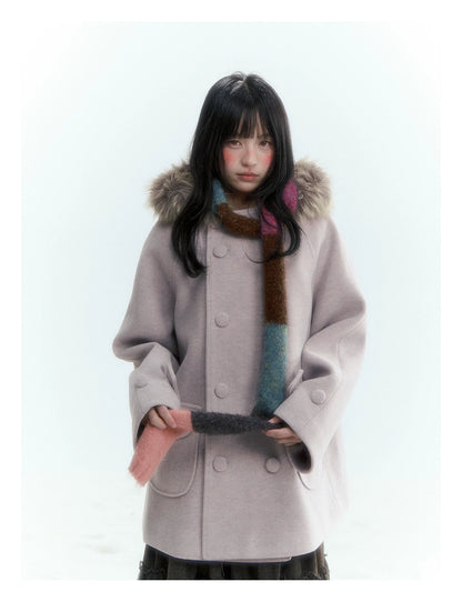 Japanese Hooded Double-Breasted Wool Coat (Deep Charcoal Gray / Taro Purple)