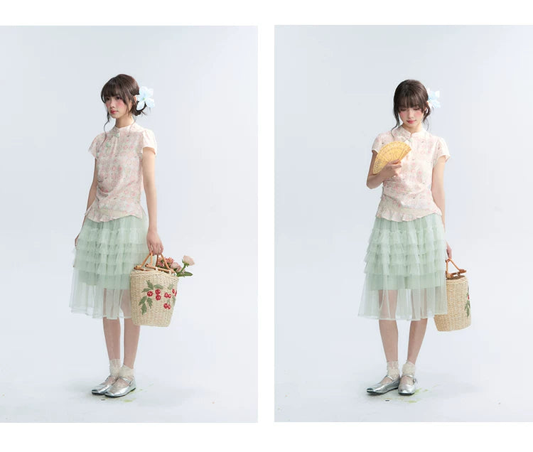"Lime Mille-Feuille Glow" Peach Mist Chinese-Inspired Short Sleeve Top & Lime Green Tulle Tiered Skirt Set