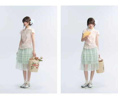 "Lime Mille-Feuille Glow" Peach Mist Chinese-Inspired Short Sleeve Top & Lime Green Tulle Tiered Skirt Set