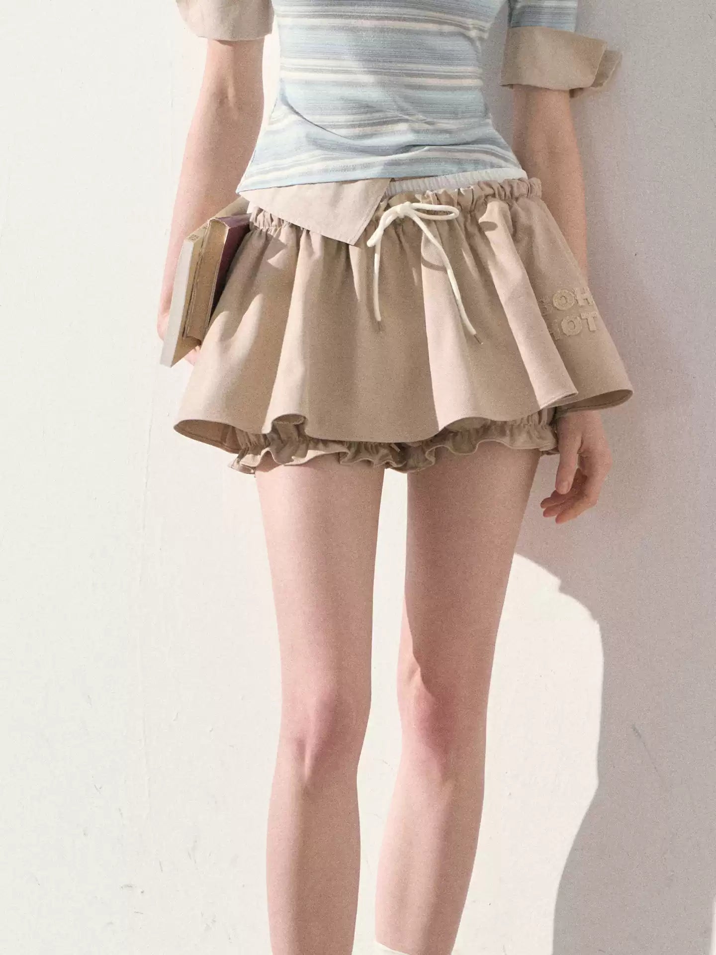 "The Space Between" Beige Drawstring Bubble Mini Skirt