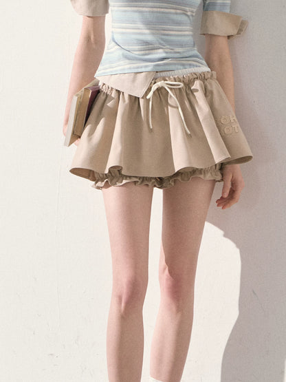 "The Space Between" Beige Drawstring Bubble Mini Skirt