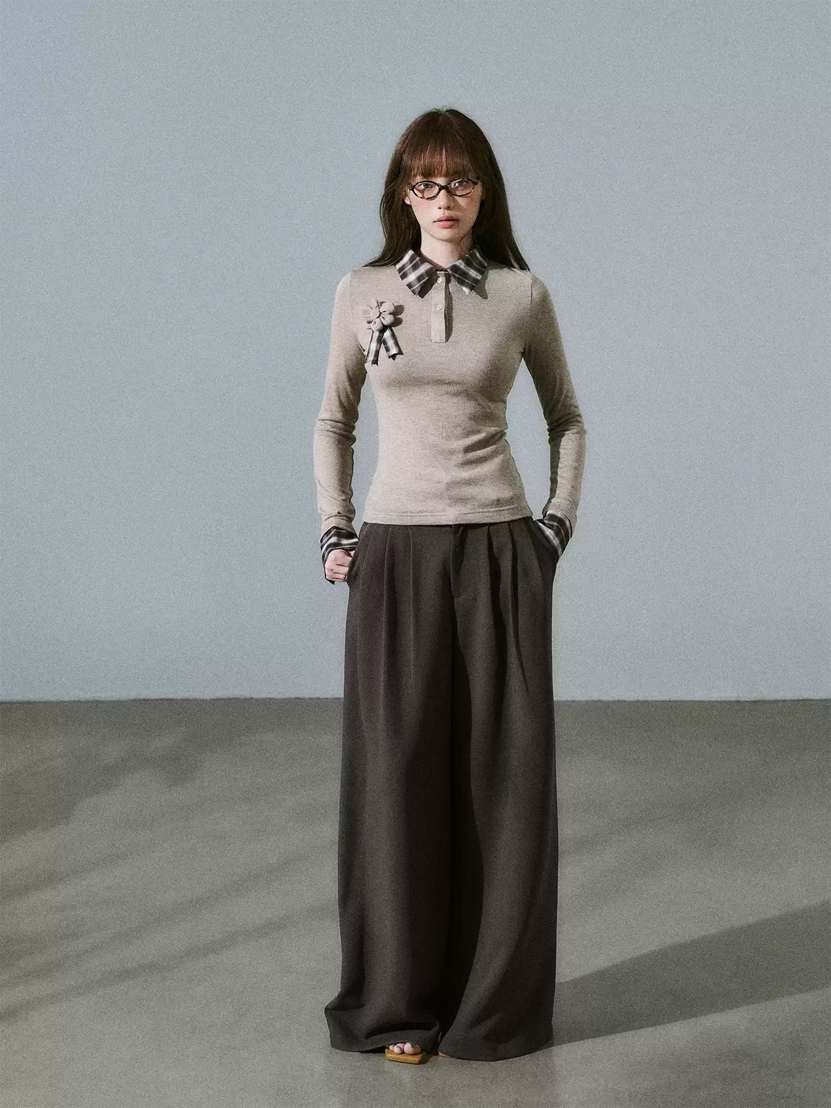 LOST FOREST - Brown Plaid Layered Knit Top with Detachable Brooch
