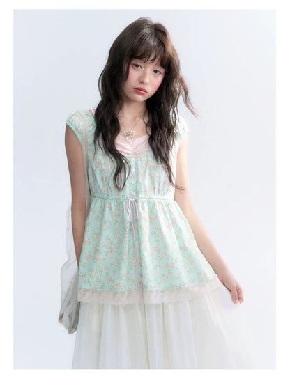 "Mint Blossom" Mint Green Floral Layered Floral Babydoll Top