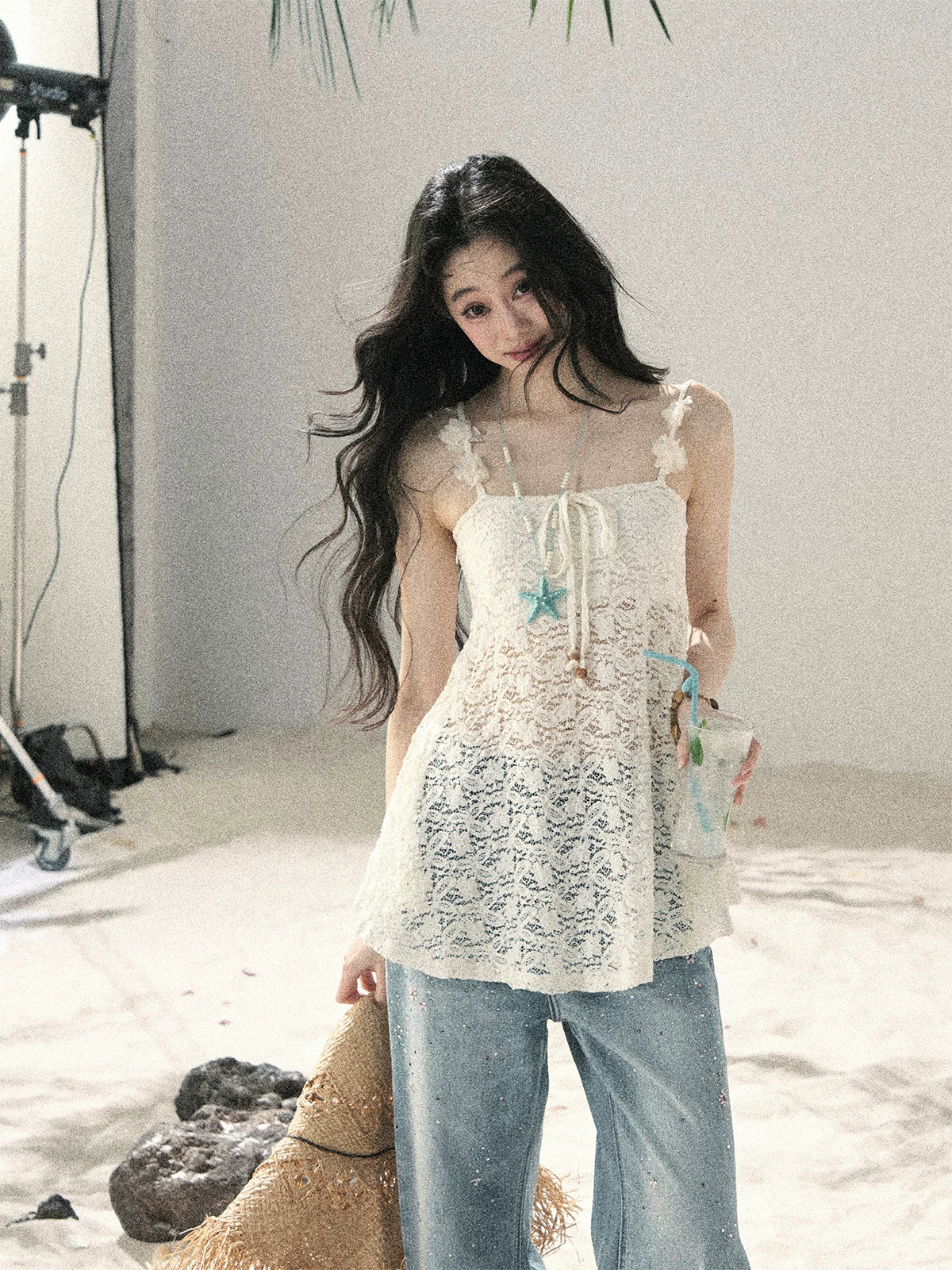 "Morning Mist" Frost White Lace Sheer Cami Top 65123