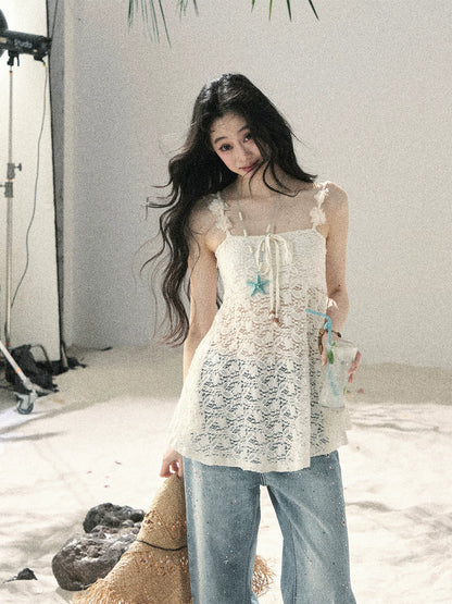 "Morning Mist" Frost White Lace Sheer Cami Top 65123