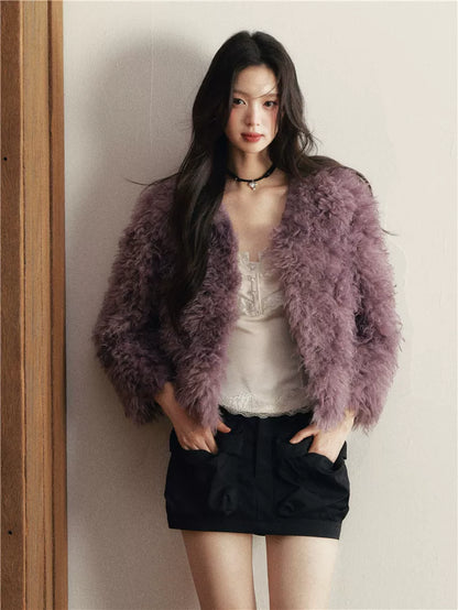 1P - Purple Faux Fur V-Neck Cropped Jacket