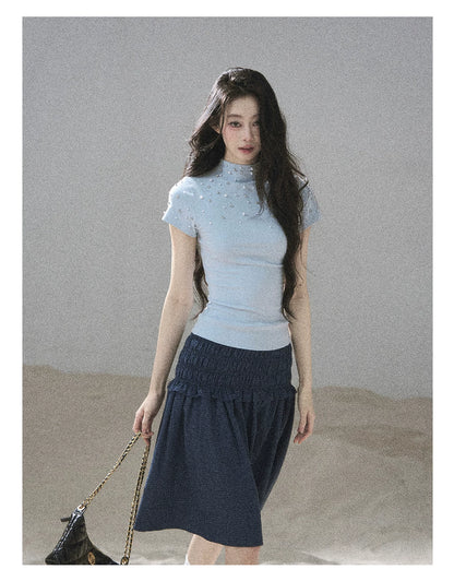 "Scattered Across the Milky Way" Pearl Beaded Knit T-Shirt (Haze Blue/ Sage Gray)