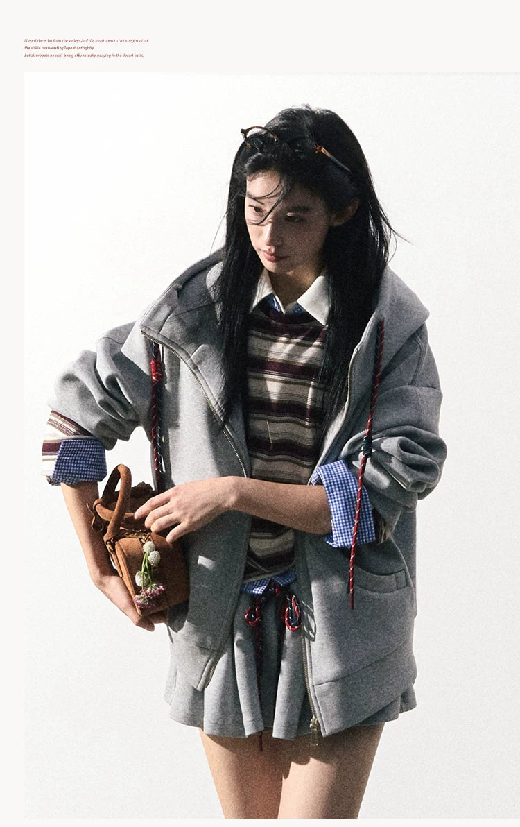 OAKMOO/ "A Trace of Self" Light Heather Gray Miu-Inspired Sporty Hoodie & Skirt Set