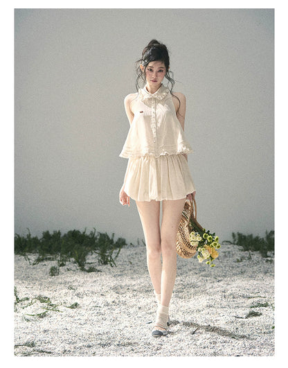 "Soft Cloud Reverie" Dutch Cream Lace Top & Bubble Skirt & Wide-Leg Pants Set 5468465