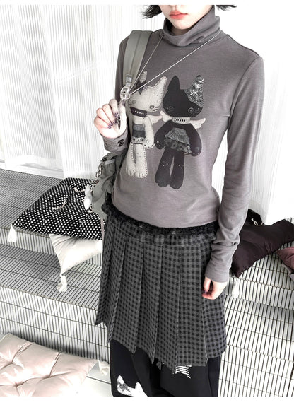 "Forgotten Corner" Mock Neck Gray Base Layer Top & Black Gray Plaid Skirt Set