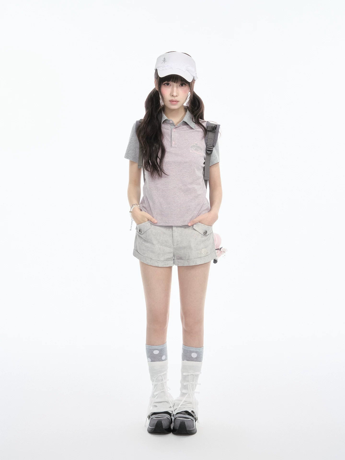 Contrast Stripe Light Gray Pink Polo Collar Short Sleeve Top / Shorts