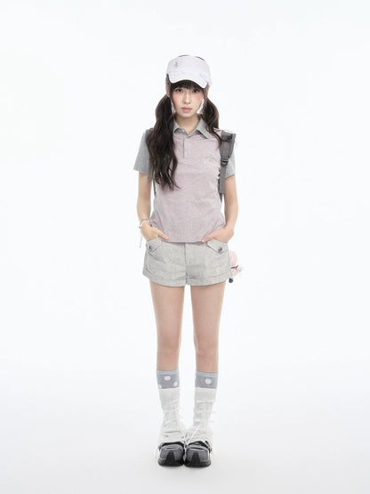 Contrast Stripe Light Gray Pink Polo Collar Short Sleeve Top / Shorts