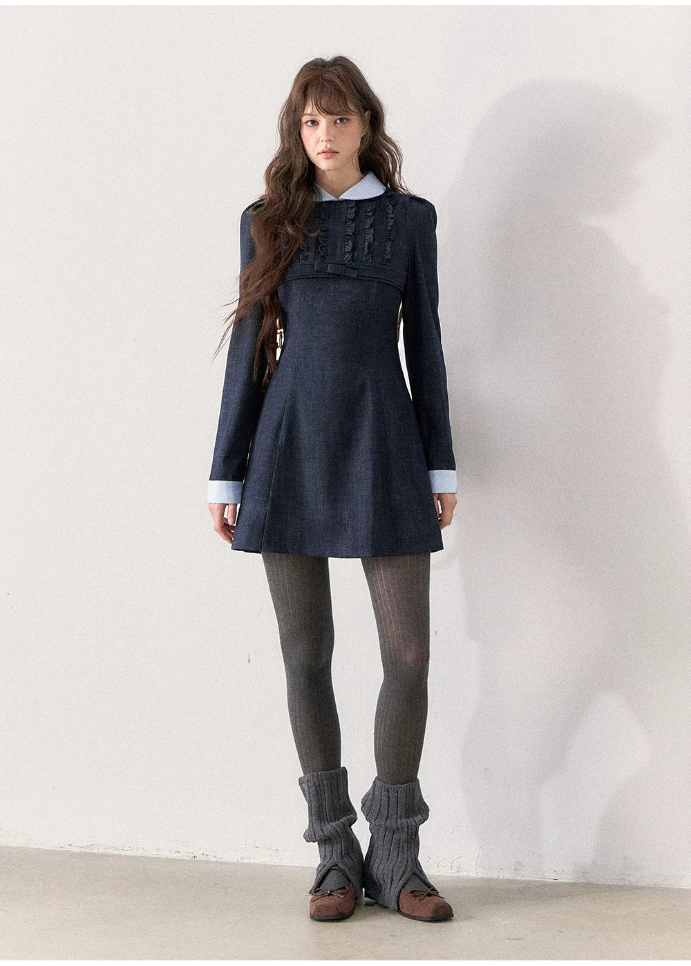 [TMMG] French Vintage Deep Navy Faux Two-Piece Ruffle Dress