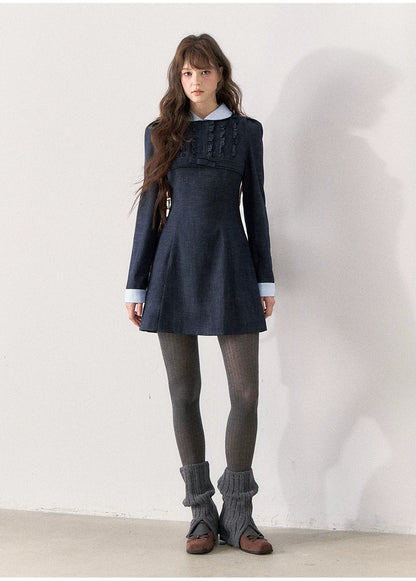 [TMMG] French Vintage Deep Navy Faux Two-Piece Ruffle Dress
