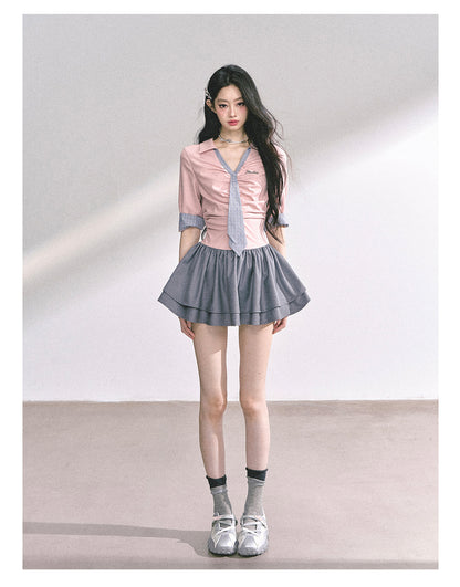 少也眼 "London Chronicle" Structured Plaid Puff-Sleeve Mini Shirt Dress - Gray Pink