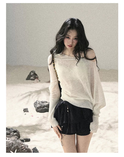 "Misty Veil Whisper" Holland Cheese Off-Shoulder Sheer Sun Protection Top 5345634