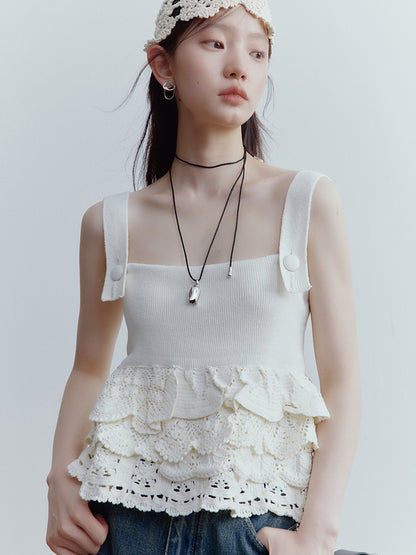 FUSSED Nefelibata Almond Cream Cropped Hand-Crochet Knit Top FOF-25SS175