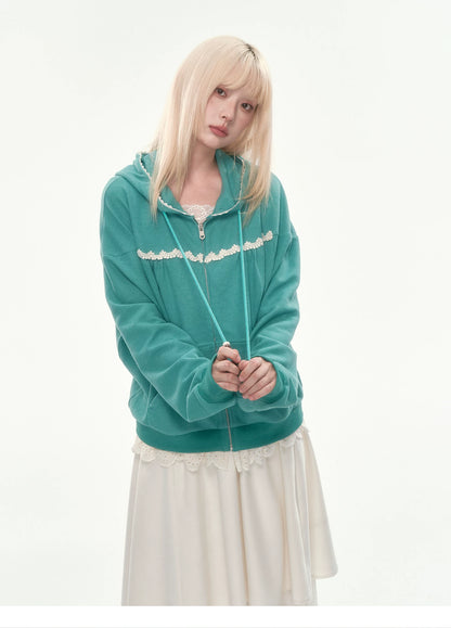 [CAN] Green Lace-Trim Waffle Knit Zip-Up Hoodie