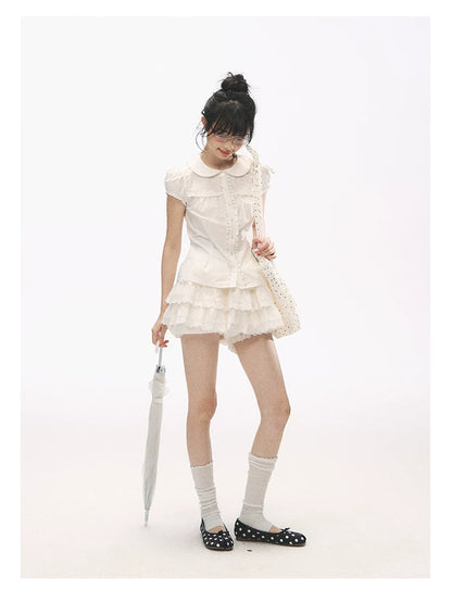 "Lace Soufflé" White Tiered Ruffle Bubble Skort