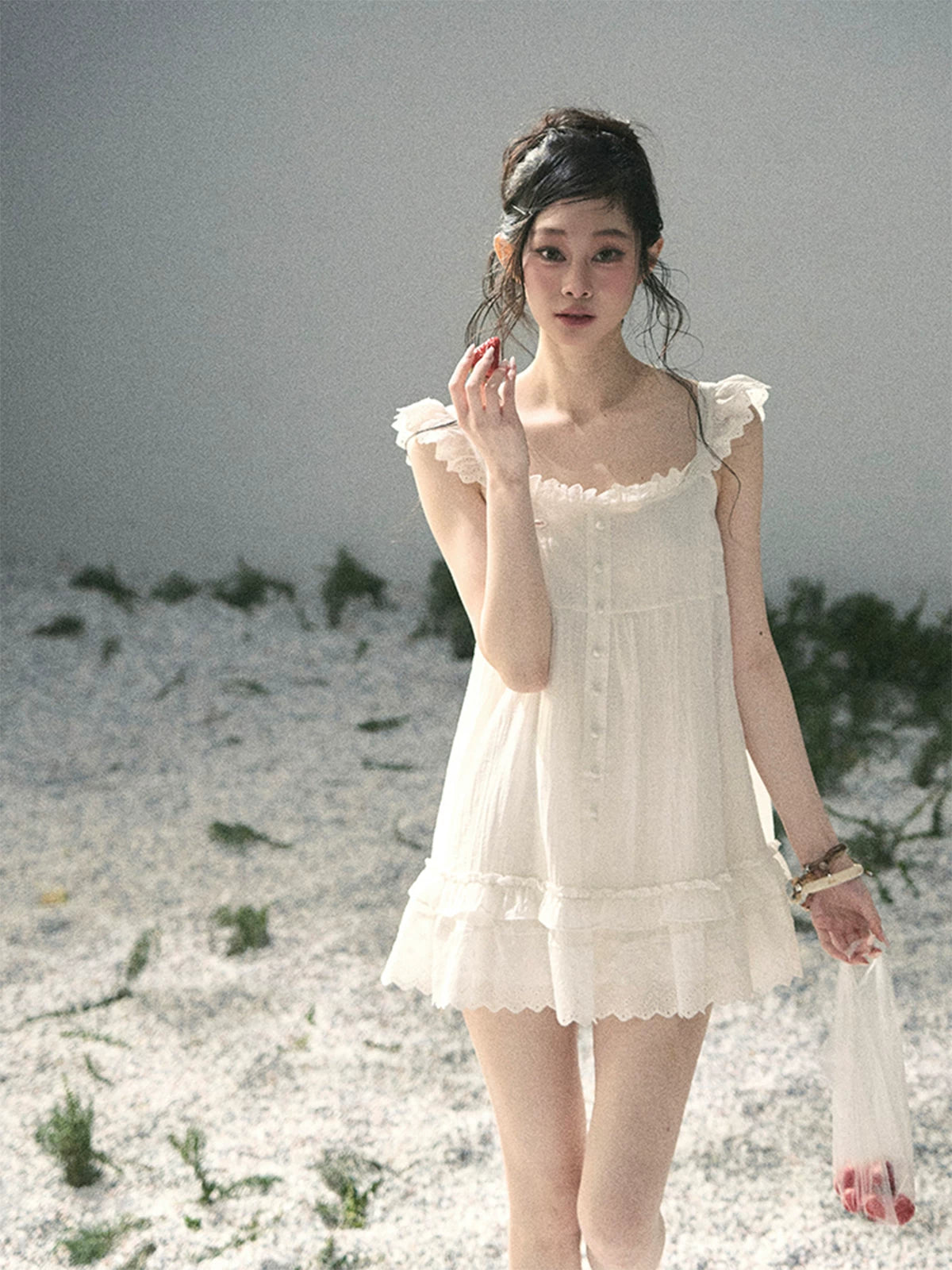 "Shimmer Along the Hem" Cloud White Lace Flutter Sleeve Babydoll Mini Dress 53413