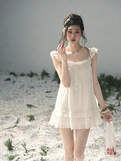 "Shimmer Along the Hem" Cloud White Lace Flutter Sleeve Babydoll Mini Dress 53413