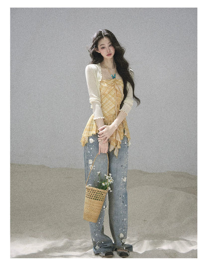 "Fields of Provence" Goose Yellow Halter Plaid Waist-Cinched Top