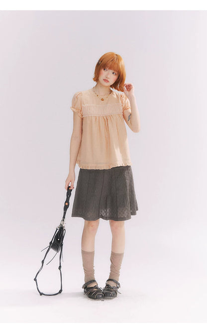 “Misty Texture” Gray Plaid Trim Embroidered A-Line Skirt