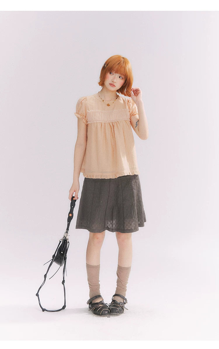 “Orange Soda” Seashell Orange Mesh Panel Puff Sleeve Top