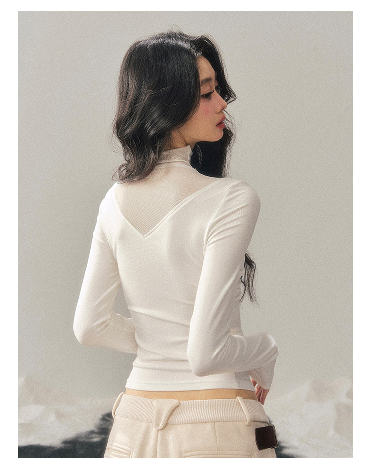 040126 “Vanishing Curve” Sheer Lace Turtleneck Base Top - White