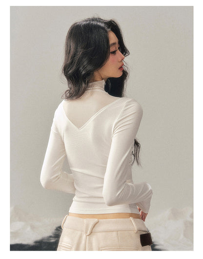 040126 “Vanishing Curve” Sheer Lace Turtleneck Base Top - White
