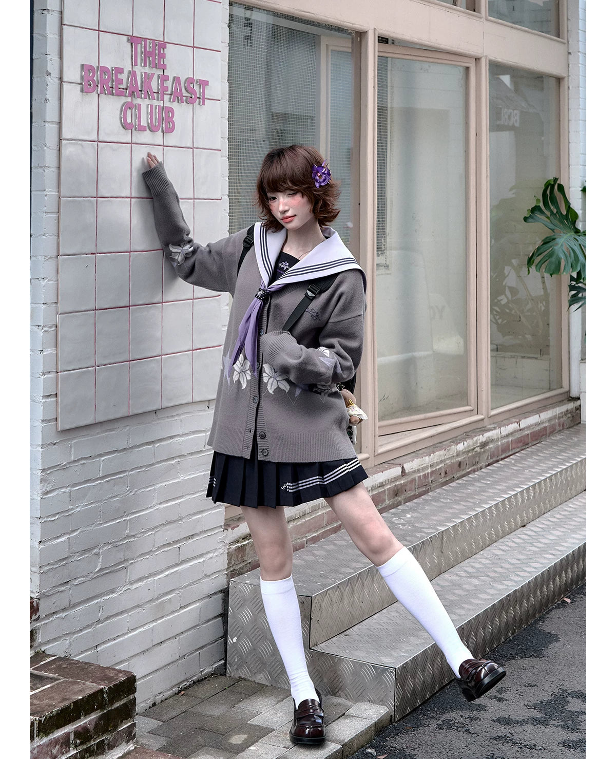 "Snow-Cleared Lily" Gray-Lilac JK Long-Sleeve Sailor Uniform Set