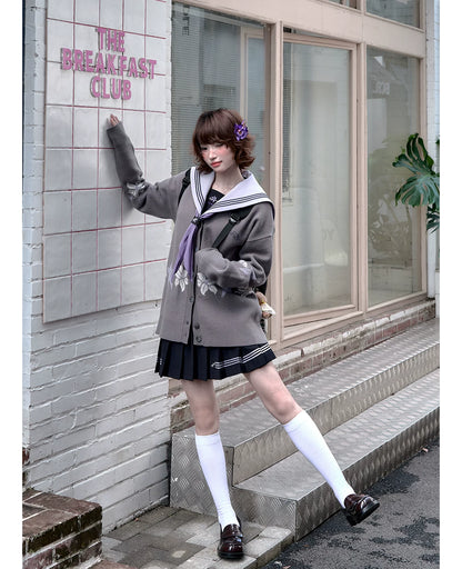 "Snow-Cleared Lily" Gray-Lilac JK Long-Sleeve Sailor Uniform Set
