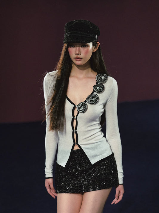 3D Rose Contrast V-Neck Shimmer Knit Cardigan (White/ Light Lavender)