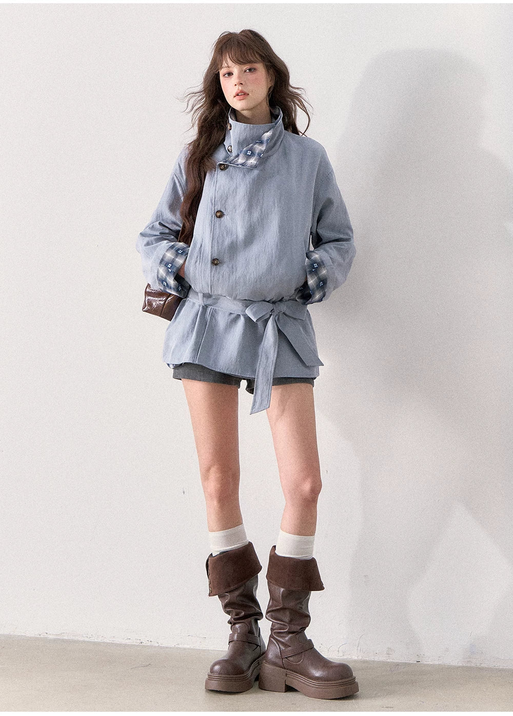 [TMMG] French Stand Collar Reversible Plaid Waist-Cinched Trench Coat (Morning Mist Blue)