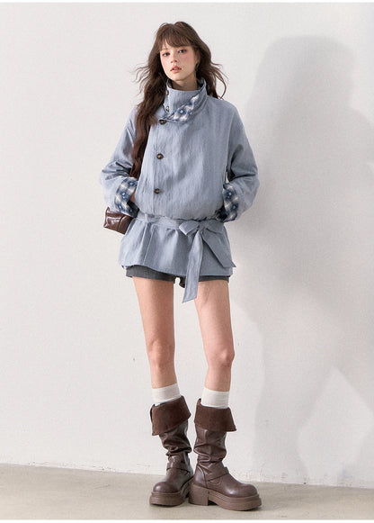[TMMG] French Stand Collar Reversible Plaid Waist-Cinched Trench Coat (Morning Mist Blue)