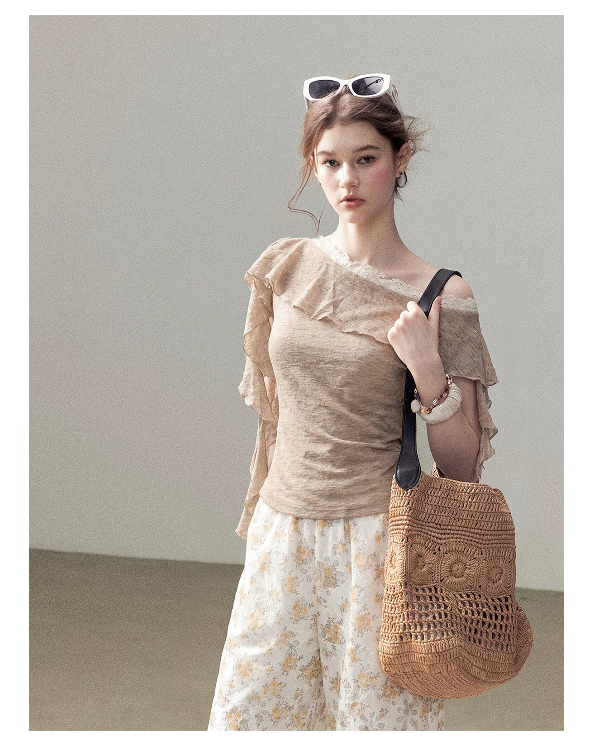 AOMALM - "A Cloud in Bloom" Primrose Yellow Floral Embroidered Lace Wide-Leg Pants