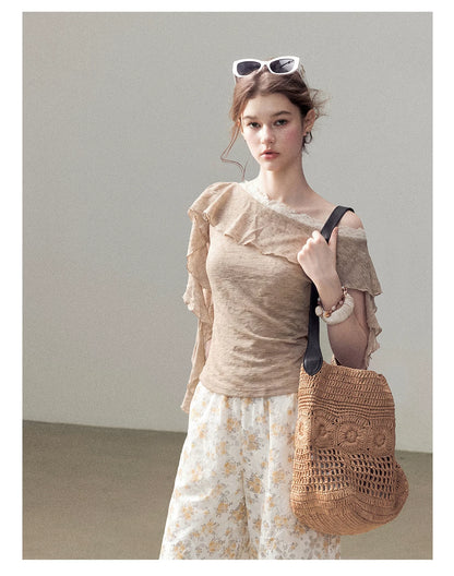AOMALM - "A Cloud in Bloom" Primrose Yellow Floral Embroidered Lace Wide-Leg Pants
