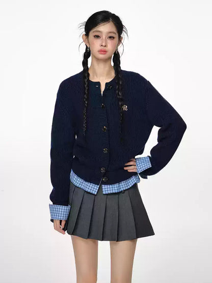PCH - Tri-Color Layered Knit Cardigan with Contrast Panels (Navy Blue)