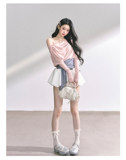 少也眼 "Soft & Sweet" Korean Asymmetric Off-Shoulder Cropped Spicy Girl Tee