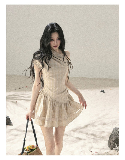 "Traces Left by the Wind" Sand Beige Off-Shoulder Plaid Puff Mini Dress