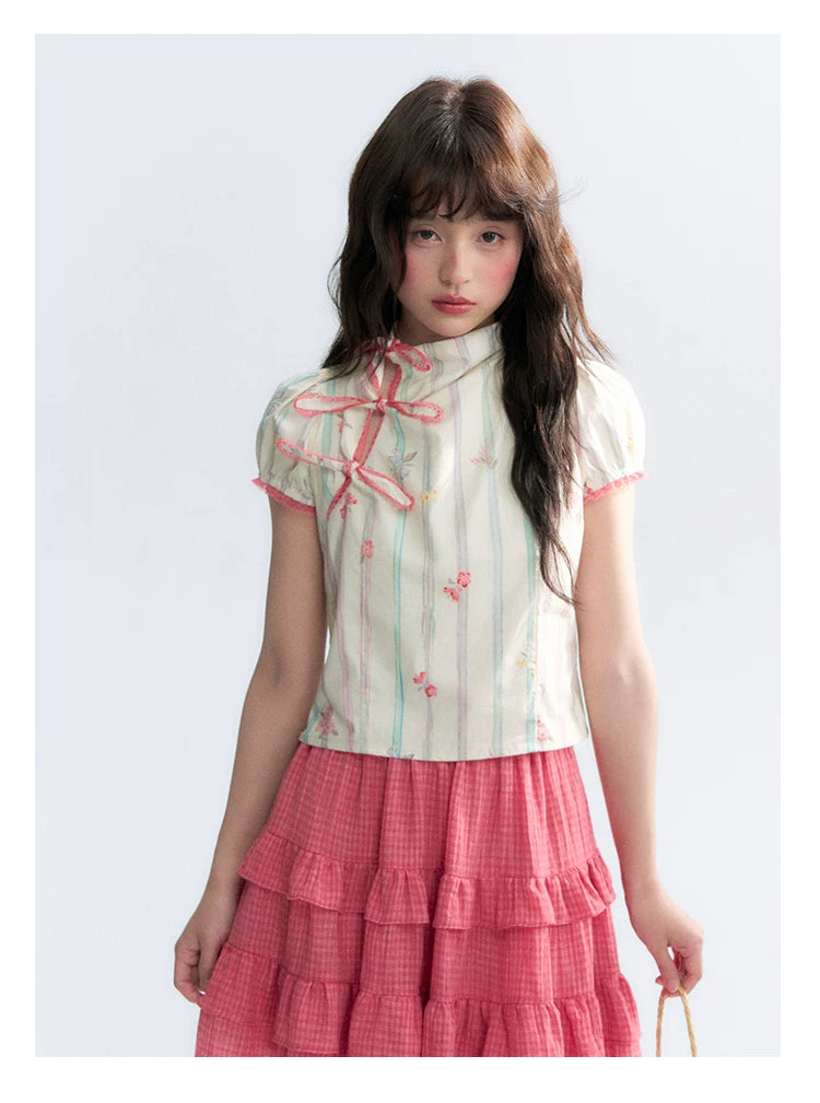 "Peach Blossom" Beige Floral Print Mandarin Collar Blouse